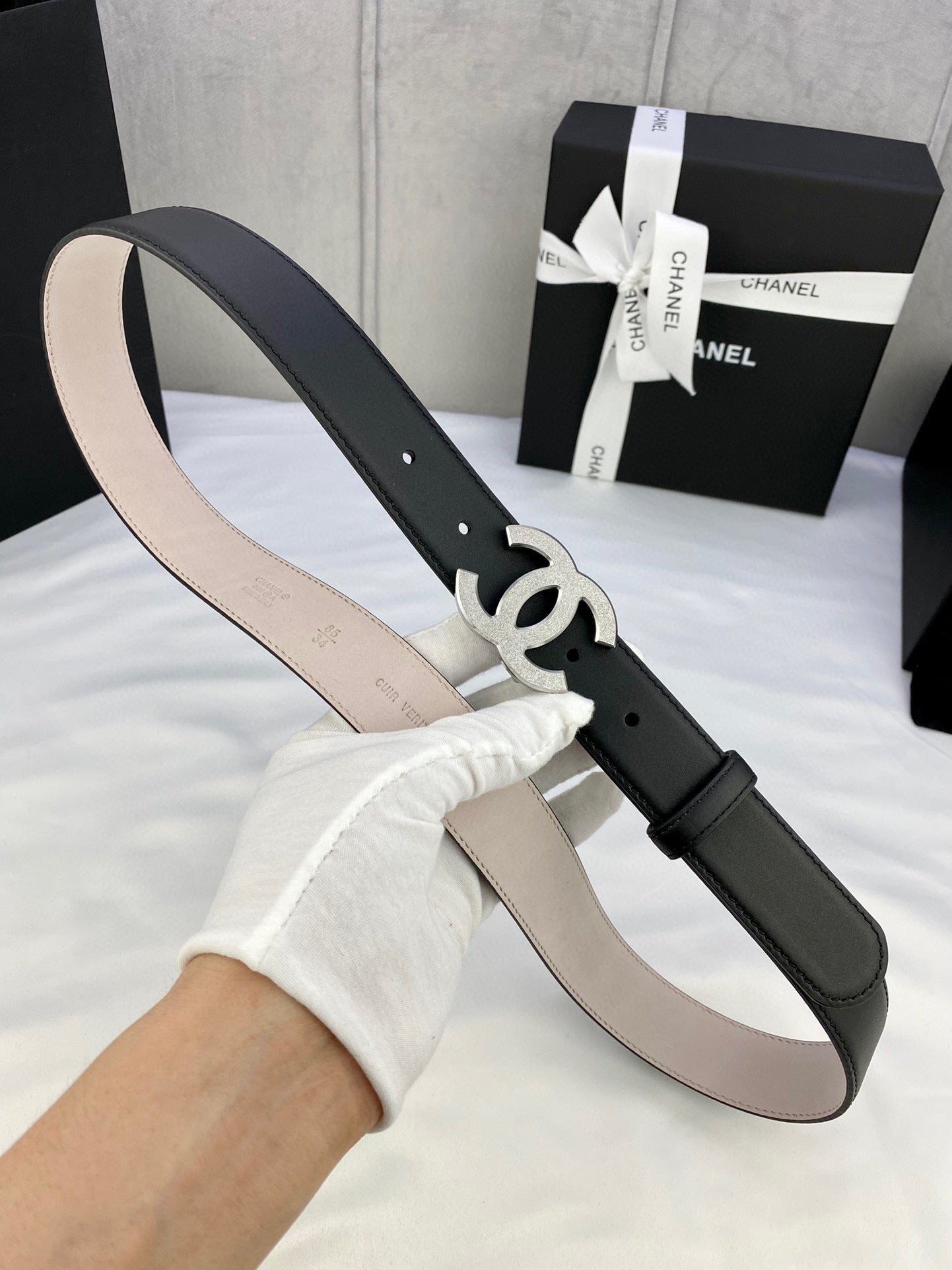 DOUBLE C BELT 30MM IN BLACK CALFSKIN METAL BUCKLE