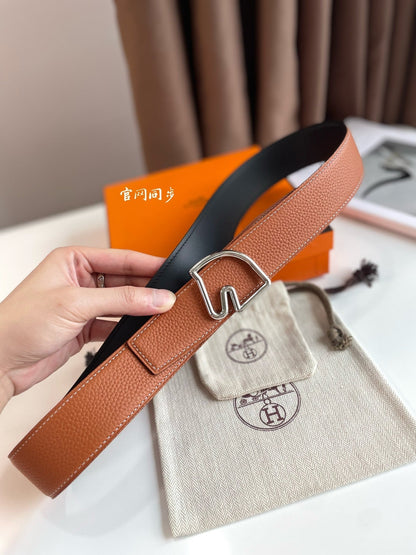 BOUCLE BELT BUCKLE & REVERSIBLE GINGER ORANGE AND BLACK LEATHER STRAP 38MM SILVER HARDWARE