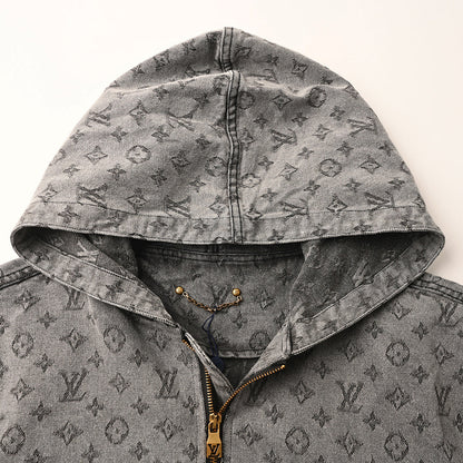 Louis Vuitton All-Over Monogram Jacquard Zip-Up Hooded Denim Jacket