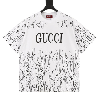GUCCI 2026 New Arrival: All-Over Digital Print Short-Sleeve T-Shirt featuring Branch-Motif Lettering Logo