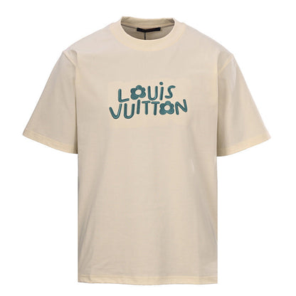 Louis Vuitton Short-Sleeve T-Shirt with Small Blue Floral Embroidered Lettering
