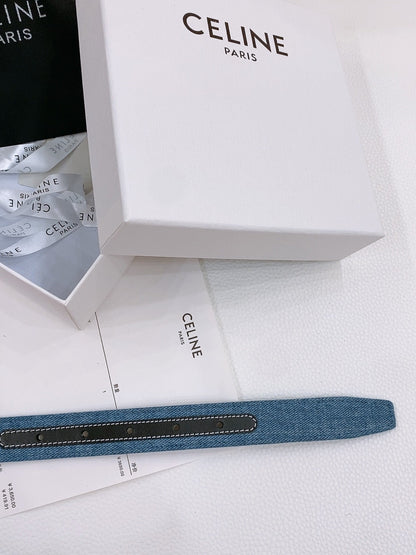 CELINE 25S BELT TRIOMPHE TAURILLON 25MM IN BLACK CALFSKIN AND DENIM 558342