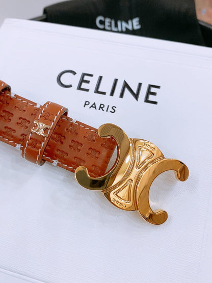 CELINE 25S TRIOMPHE BELT 25MM IN DARK CARAMEL CALFSKIN DEBOSSED LOGO 570964