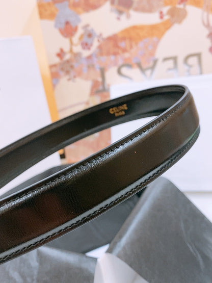 CELINE 25S TRIOMPHE BELT 25MM IN BLACK GLOSSY CALFSKIN GOLD HARDWARE 570968